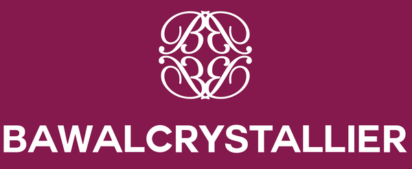 A solid dark magenta background featuring a white ornate monogram logo and the text 'BAWALCRYSTALLIER' in a clean sans-serif font, centered on the image.